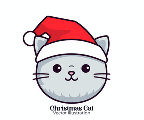 Happy winter holiday celebration with a Christmas cartoon character: Vector cute cat head wearing Santa hat