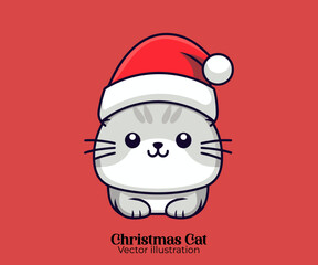 Embrace the Happy winter holiday with our Christmas cartoon character: Vector cute cat head adorned with Santa hat