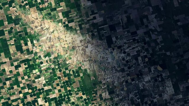 Agriculture field aerial satellite view, sunrise animation time lapse landscape of Kansas, USA. Based on image by Nasa