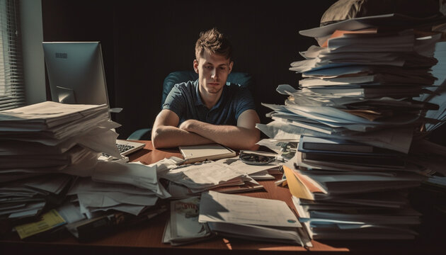 Overworked businessman sitting at messy desk, surrounded by paperwork chaos generated by AI