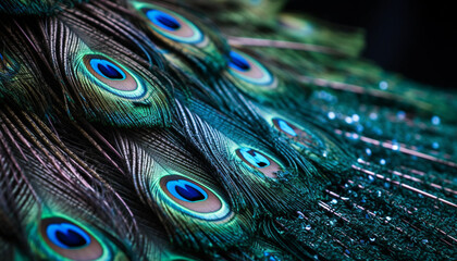 Vibrant peacock tail showcases iridescent, multi colored feathers in nature beauty generated by AI - obrazy, fototapety, plakaty