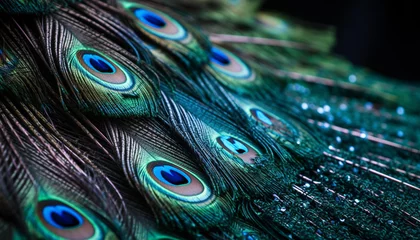 Fotobehang Vibrant peacock tail showcases iridescent, multi colored feathers in nature beauty generated by AI © Stockgiu