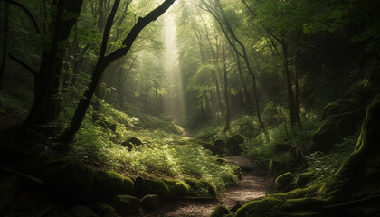 Tranquil scene of a mysterious forest with fog and greenery generated by AI