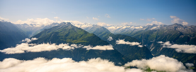 Obraz premium Majestic alpine panorama with glacier mountain of Grossvenediger. The main peak of the Venediger Group in Hohe Tauern mountain range. Austrian Alps, Austria.