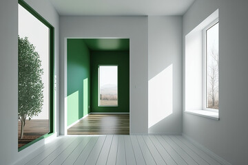 Interior Design of an Empty Room with a White Entrance and a Window Opposite, a Huge Full Wall Window, a Plinth, and Green Walls. 7680x4320 using a Windows Work Path. Generative AI