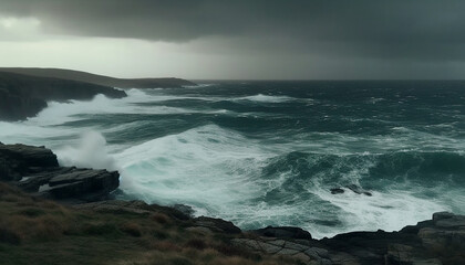 Fototapeta na wymiar Breaking waves crash against rocky coastline, creating dramatic seascape generated by AI
