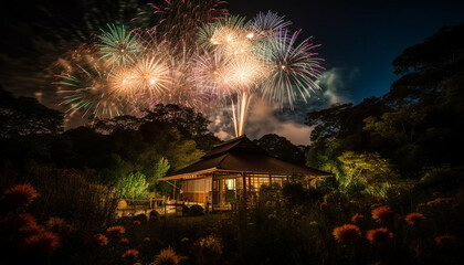 Naklejka premium Vibrant celebration ignites the night with multi colored fireworks exploding generated by AI