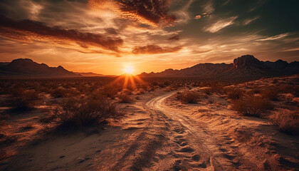 Sunset over majestic mountain range, tranquil wilderness adventure in Africa generated by AI