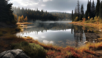 Fototapeta premium Tranquil scene of autumn forest with mountain reflection in pond generated by AI