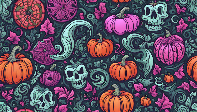 Halloween theme line art doodle cartoon pattern seamless illustration background, 