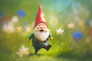 garden gnome smiling and running in meadow