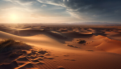 Tranquil sunset over majestic sand dunes in remote African wilderness generated by AI