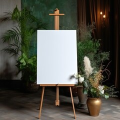 white vertical empty poster on easel on wedding ceremony
