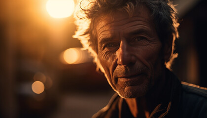 Serene senior man smiling at camera during sunset relaxation generated by AI