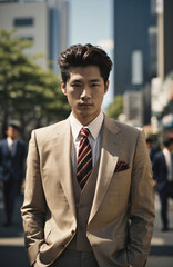 young Japanese man in a suit on the streets of Tokyo