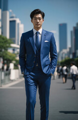 young Japanese man in a suit on the streets of Tokyo