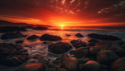 Obraz premium Tranquil sunset over rocky coastline, reflecting beauty in nature generated by AI