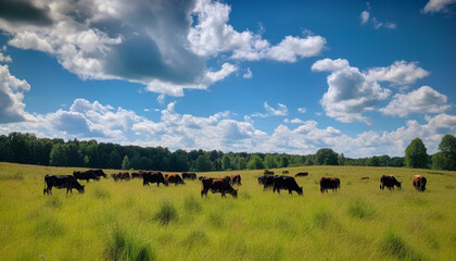 Green meadow, grazing cattle, blue sky, nature beauty in summer generated by AI