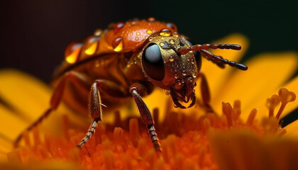 Small bee pollinates single flower, beauty in nature focus foreground generated by AI