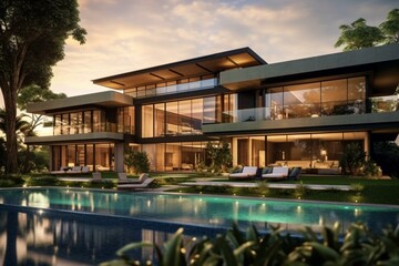 Fototapeta na wymiar Contemporary mansion featuring a spacious garden, pool, and outdoor lifestyle, boasting privacy and tranquility. Generative AI