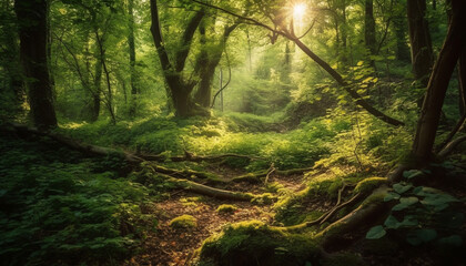 Obraz premium Tranquil scene of a tropical rainforest with vibrant green foliage generated by AI