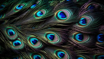 Obraz premium Vibrant peacock feathers showcase elegance and beauty in nature design generated by AI