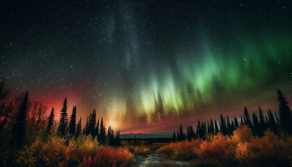 Fototapeta premium Silhouette of majestic mountain range illuminated by vibrant star field generated by AI