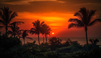 Silhouette of palm tree against multi colored sunset over tranquil water generated by AI