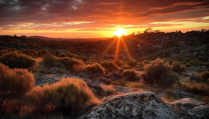 Tranquil sunset over majestic mountain range in rural nature landscape generated by AI