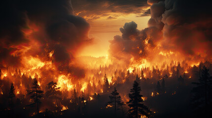 Aerial view of natural disaster of trees covered with wildfire and smoke in the forest