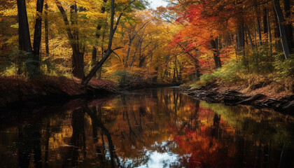 Tranquil autumn forest reflects vibrant colors of nature beauty generated by AI