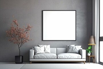 Blank poster on gray wall, home decor in living room, 3D render, 3D artwork. Generative AI