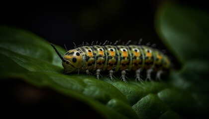 Fototapeta premium Green caterpillar crawls on leaf, magnified beauty in nature generated by AI