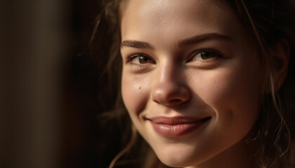 Fototapeta premium Beautiful young woman exudes confidence and elegance in headshot portrait generated by AI