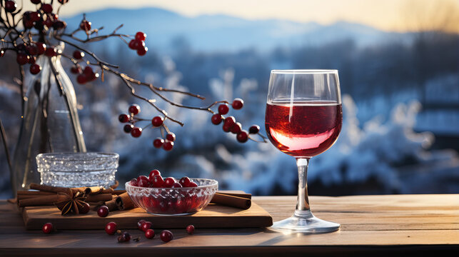 Hot mulled red wine in a glass with a sprig of viburnum in a vase and cinnamon on a wooden table against the background of snowy hills in winter