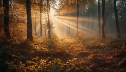 Autumn forest mystery vibrant colors, spooky fog, and bright sunlight generated by AI