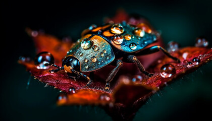 Metallic weevil crawls on wet leaf in vibrant summer forest generated by AI