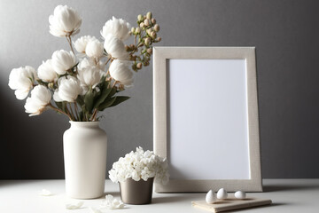 interior floral design for homes Front image of a table with a cotton blossom Blank paper cards, mock-up of a greeting card. White backdrop with lovely white cotton flowers in a vase. Generative AI