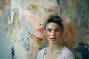 Fototapeta premium Woman posing next to an oil painting of a self-portrait