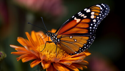 Vibrant monarch butterfly pollinates single flower in natural elegance generated by AI