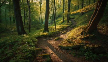 Obraz premium Tranquil footpath winds through vibrant autumn forest, a nature adventure generated by AI