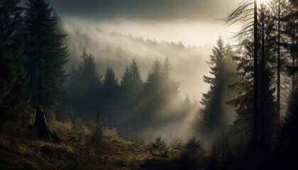Tranquil scene of coniferous trees in foggy wilderness, autumn beauty generated by AI