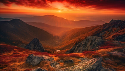 Fototapeta premium Panoramic mountain range showcases majestic beauty in nature tranquil scene generated by AI