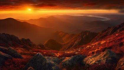 Fototapeta premium Majestic mountain range, tranquil meadow, and snowy horizon create beauty generated by AI