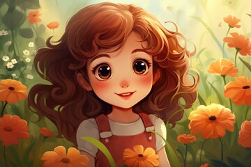 Happy cartoon girl with beautiful orange flowers