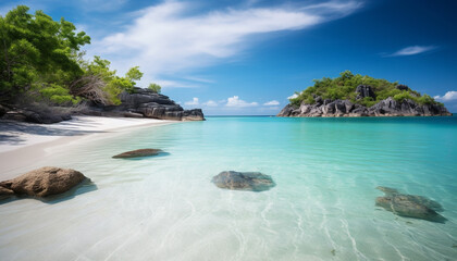 Idyllic Caribbean coastline, tranquil waters edge, palm tree paradise generated by AI