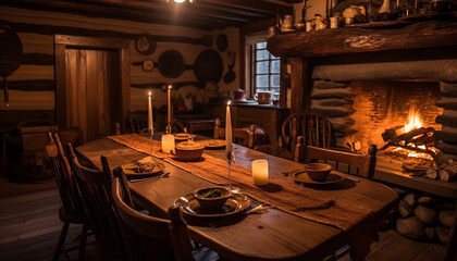 Rustic wood table illuminated by candle flame, comfortable dining chair generated by AI
