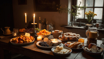Fototapeta premium Fresh organic fruit and bread on rustic wooden table indoors generated by AI