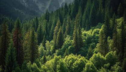 Tranquil scene of majestic mountain range in evergreen wilderness area generated by AI