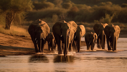 African elephant herd walking towards waterhole at sunset safari generated by AI - obrazy, fototapety, plakaty
